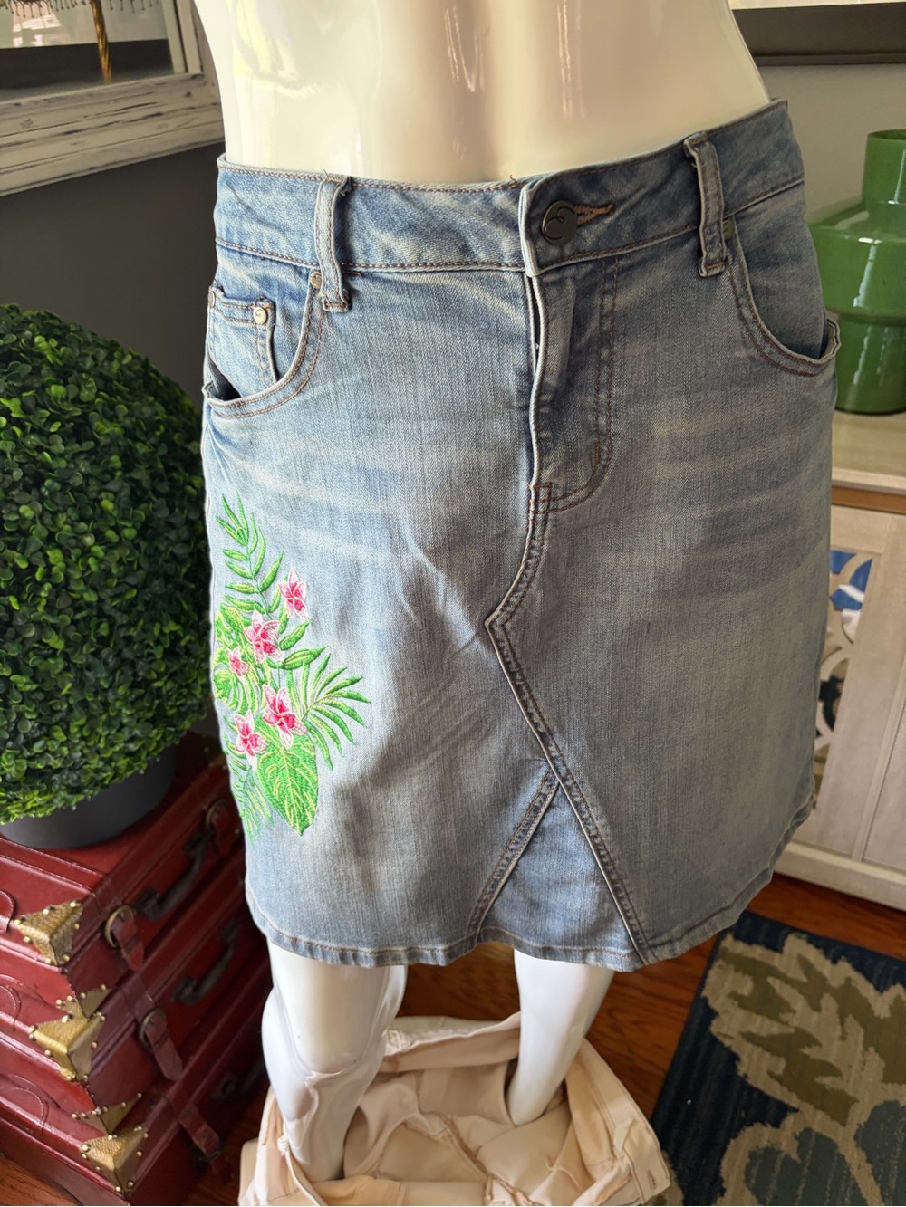 Earl Jeans Light Blue Denim Mini Skirt with Pink Floral Embroidery